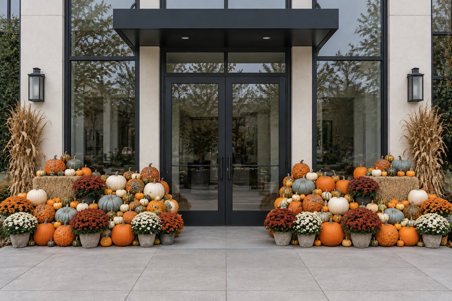 An office building entrance with a full pumpkin and cornstalk display