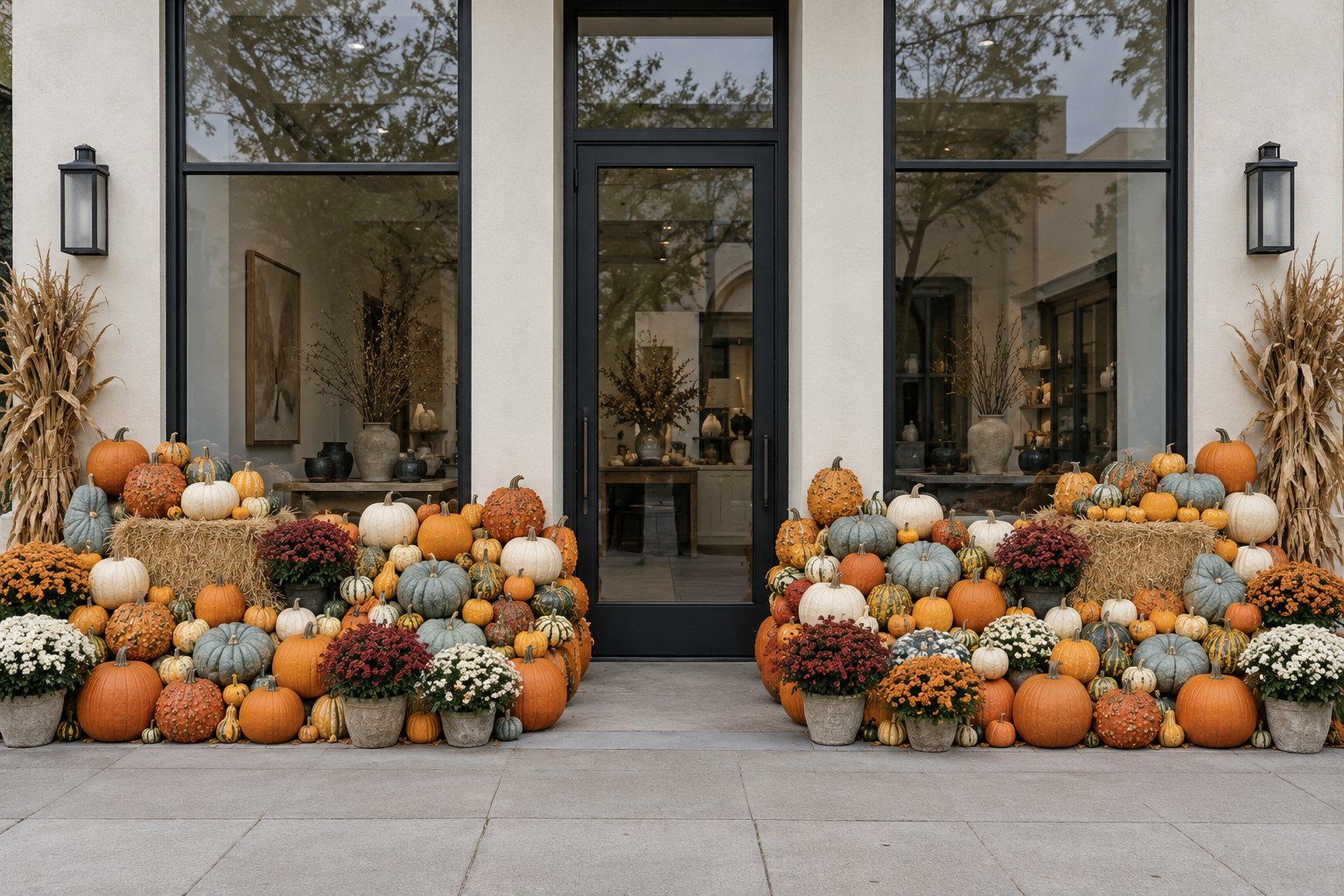 A boutique entrance banked with pumpkins, cornstalks, hay bales and fall mums