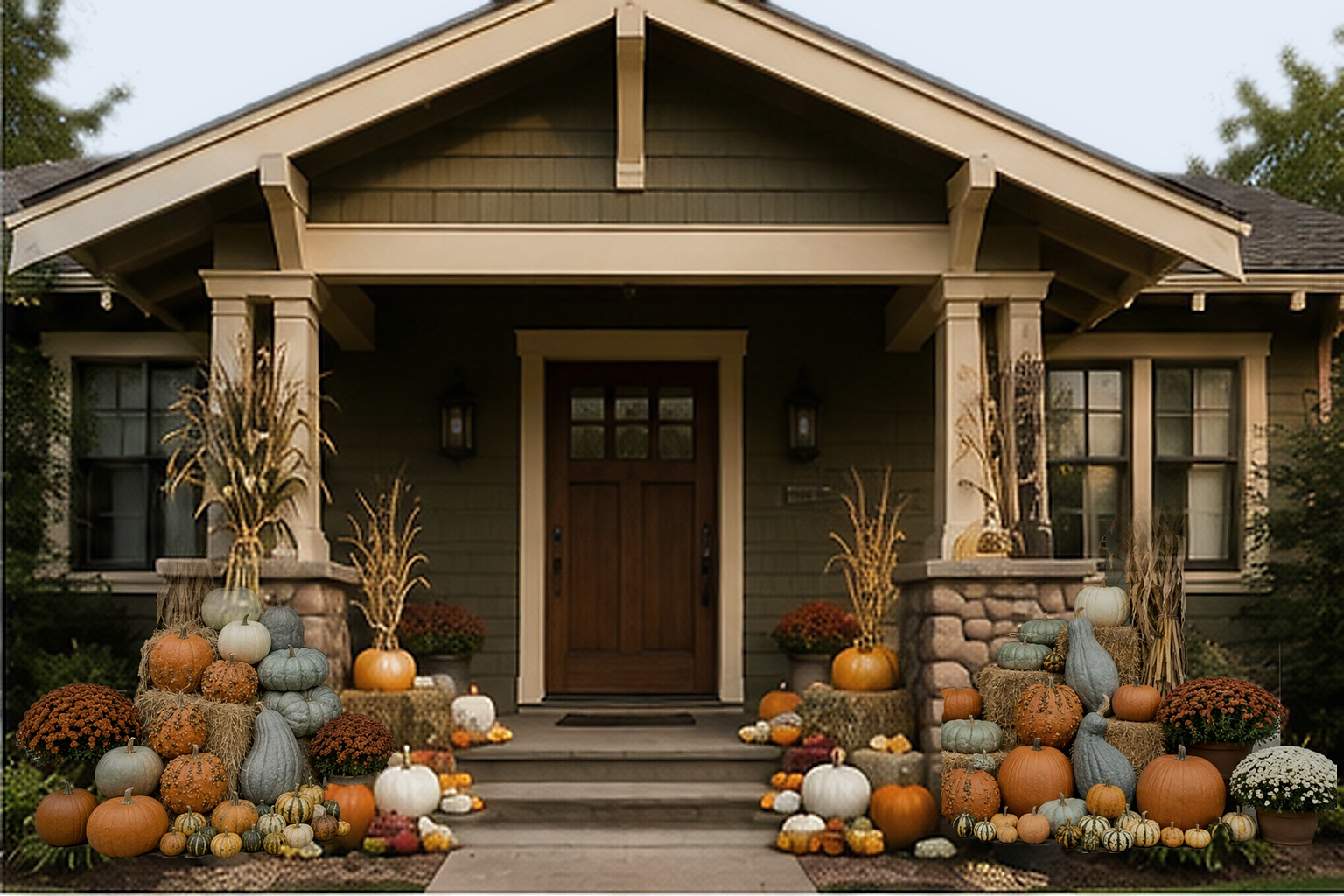 A Craftsman bungalow porch banked with orange, cream and sage heirloom pumpkins