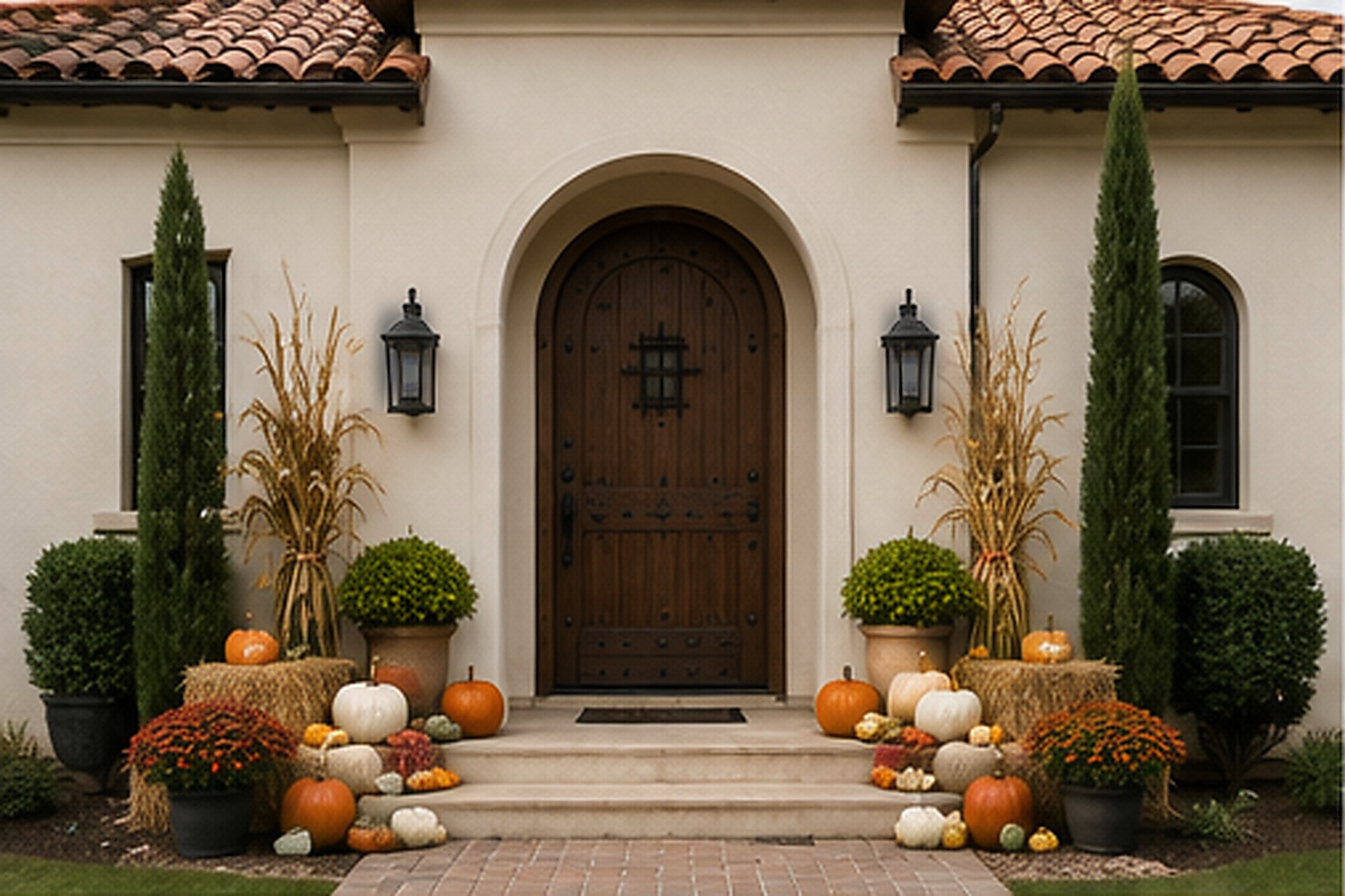 A Spanish-style Los Gatos entrance with orange and white pumpkins down the steps
