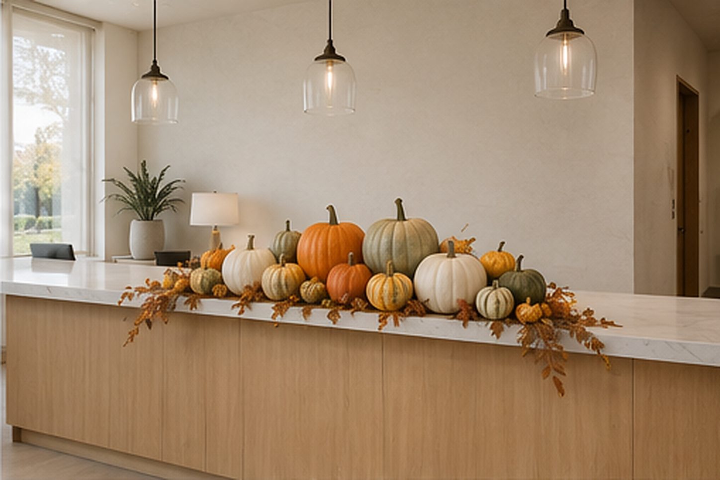 Pumpkins arranged along an office reception counter